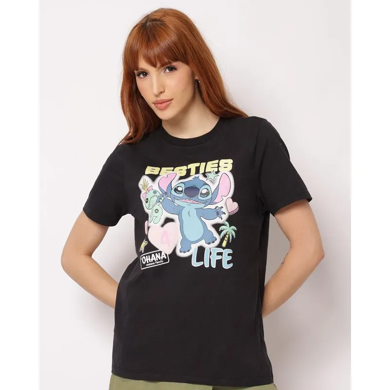 Camiseta Feminina Oversized Algodão Disney Stitch Preta GG