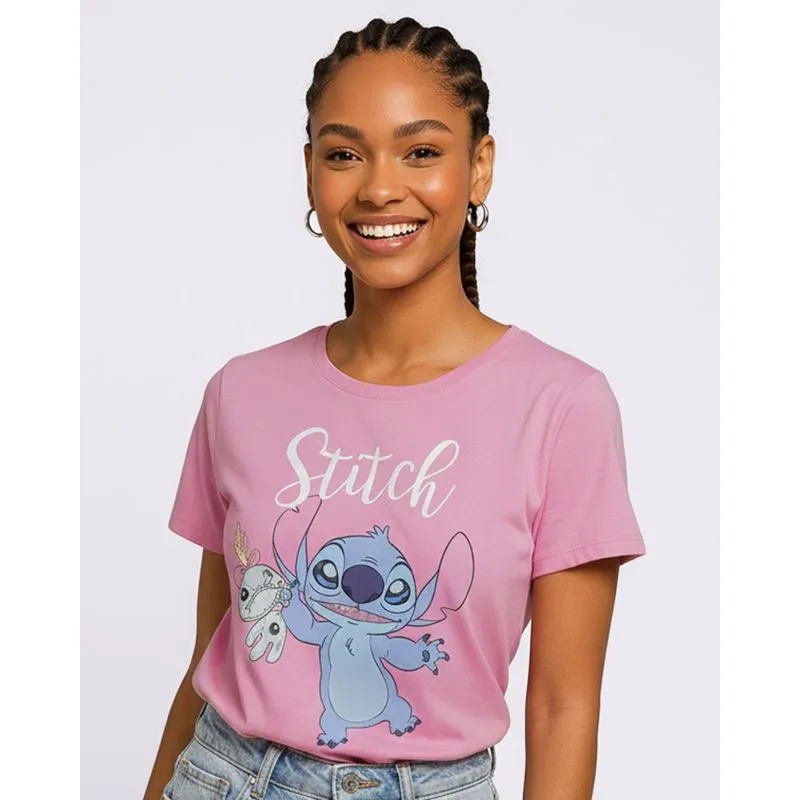 Camiseta Feminina Algodão Estampa Stitch Rosa M