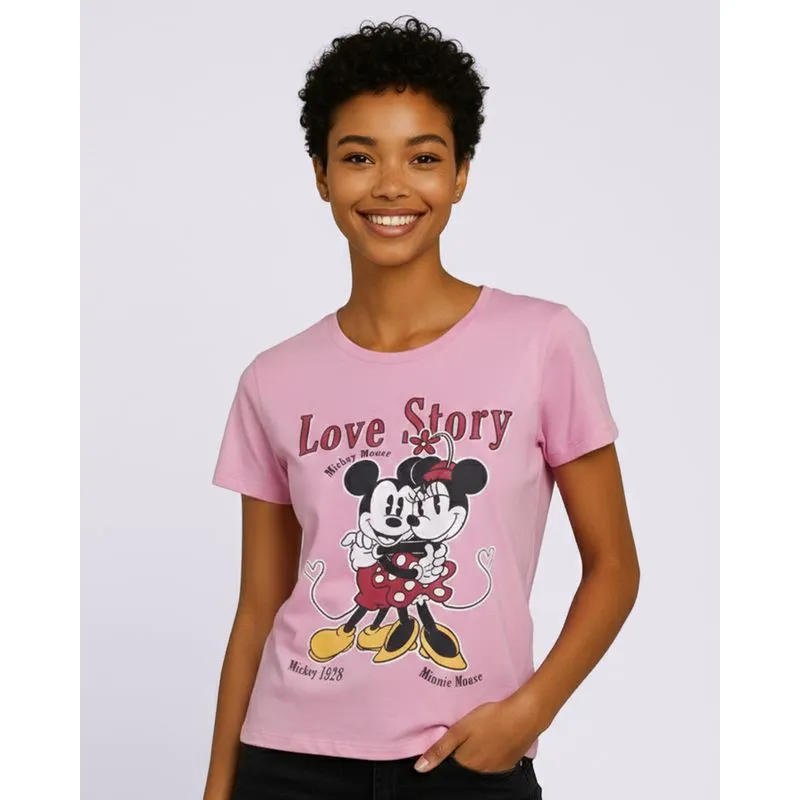 Camiseta Feminina Algodão Estampa Disney Mickey Rosa P