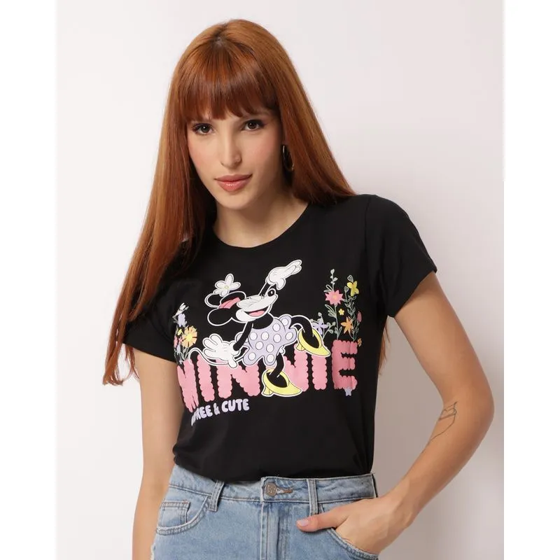 Camiseta Feminina Algodão Disney Minnie Preto G