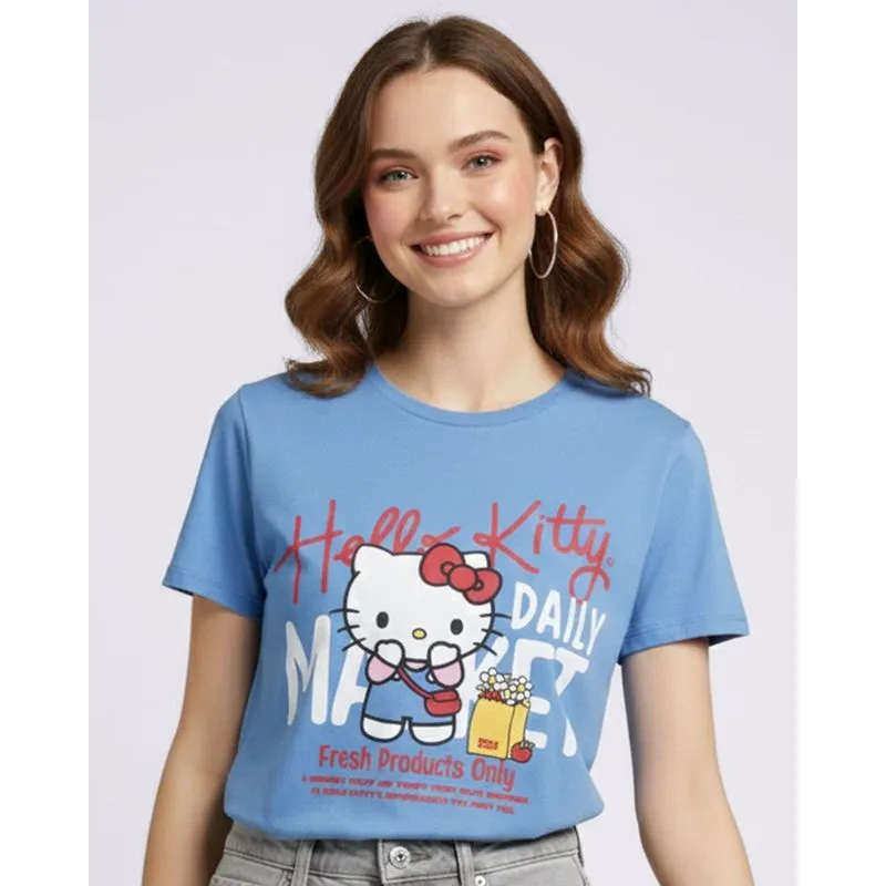 Camiseta Feminina Algodão Estampa Hello Kitty Azul PP