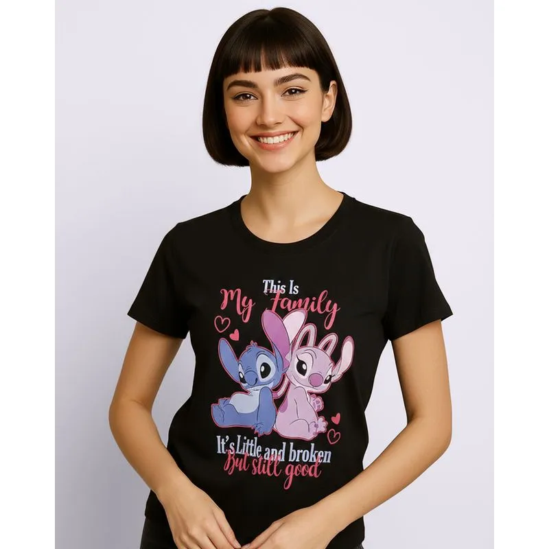 Camiseta Feminina Algodão Disney Stitch Manga Curta Preta M