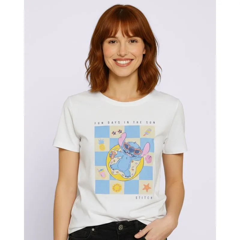 Camiseta Feminina Algodão Disney Stitch Manga Curta Branca M