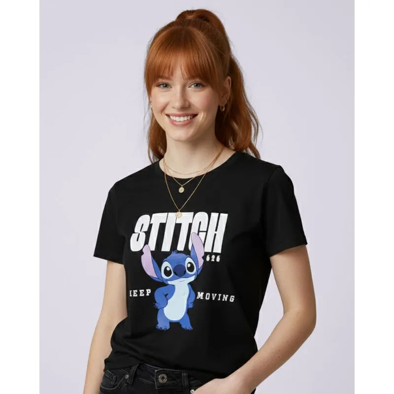 Camiseta Feminina Algodão Disney Stitch Manga Curta Preta M