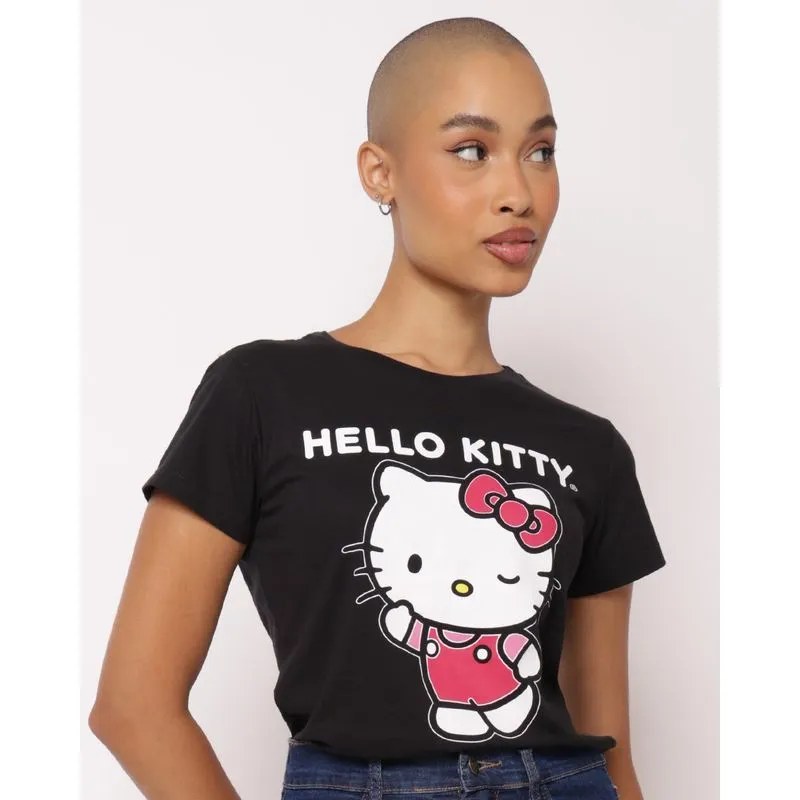 Camiseta Feminina Algodão Hello Kitty Preta PP