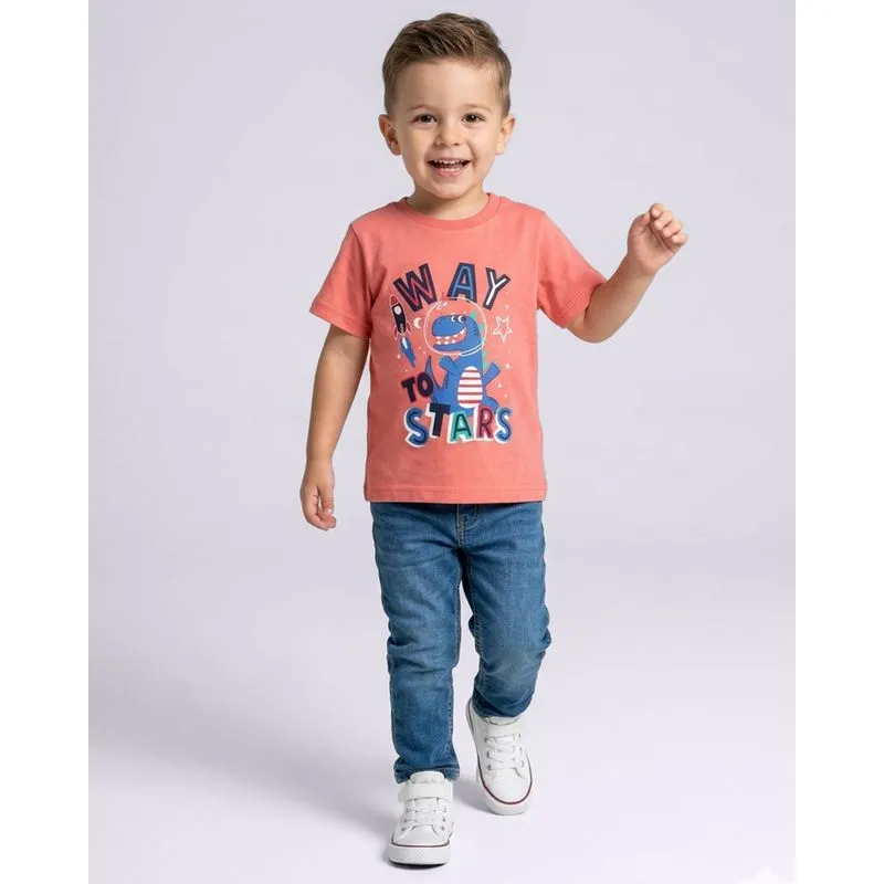 Camiseta Bebê Algodão Estampa Dino Astronauta Laranja 1