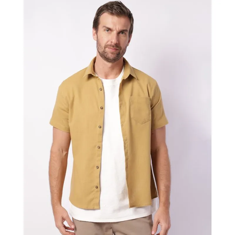Camisa Masculina Linho com Bolso Botões Manga Curta Bege P