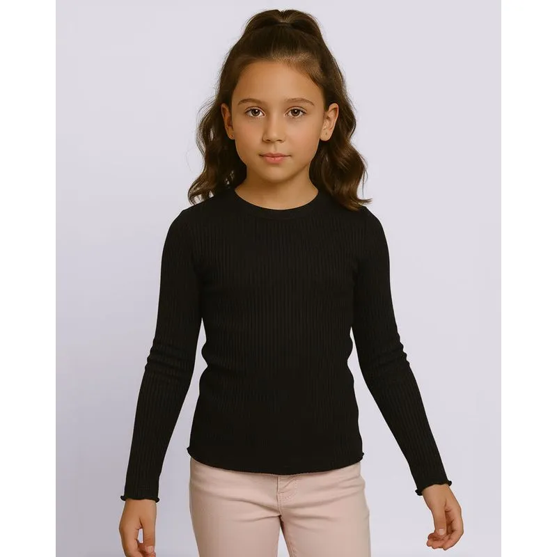 Blusa Juvenil Manga Longa Canelada Frufru Preto 4