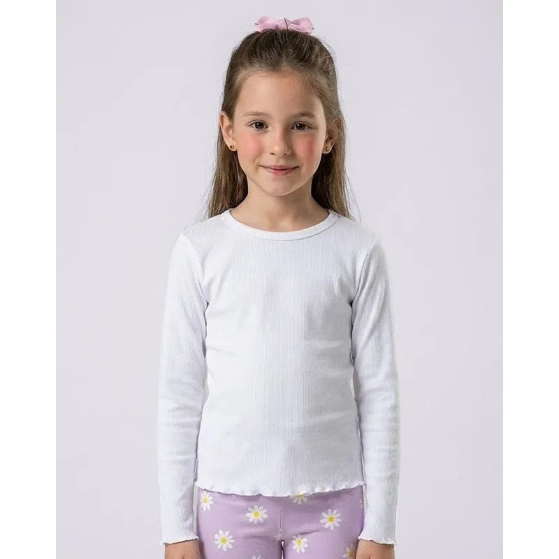 Blusa Infantil Manga Longa Canelada Frufru Branca 4