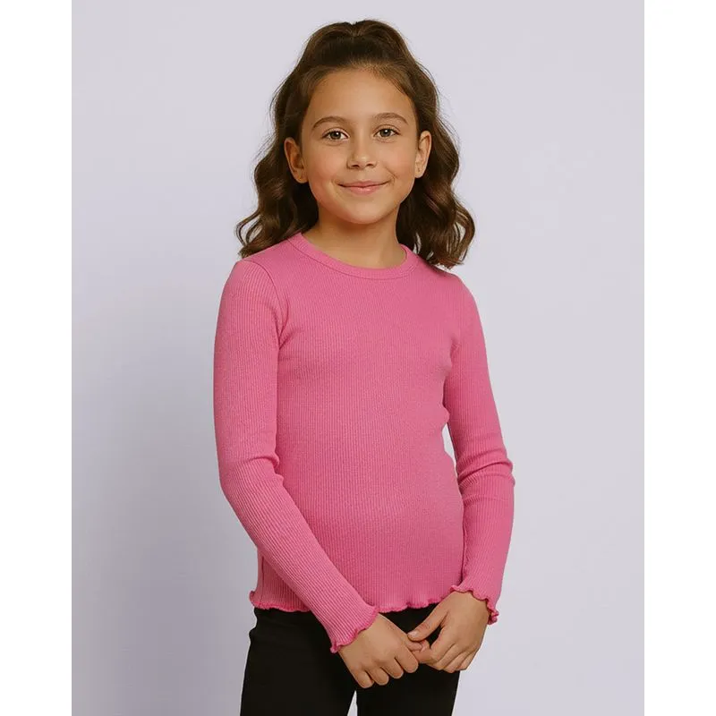 Blusa Infantil Manga Longa Canelada Frufru Rosa 4