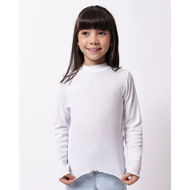 Blusa Infantil Ribana Gola Alta Frufru Manga Longa Branca 6
