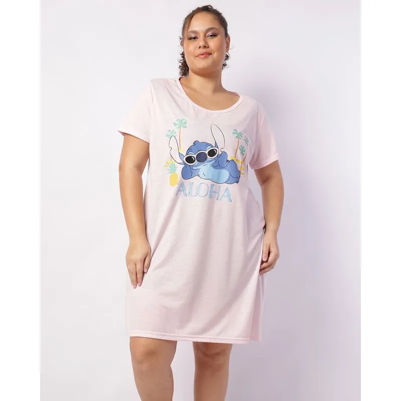 Camisola Plus Size Feminina Curta Disney Stitch Rosa 52