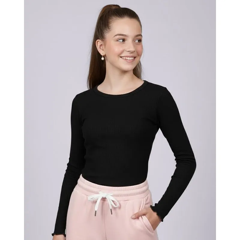 Blusa Juvenil Manga Longa Canelada Frufru Preta 16