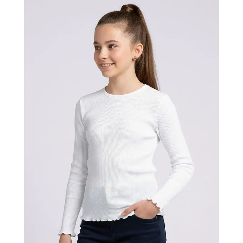 Blusa Juvenil Manga Longa Gola Alta Canelada Frufru Branca 14