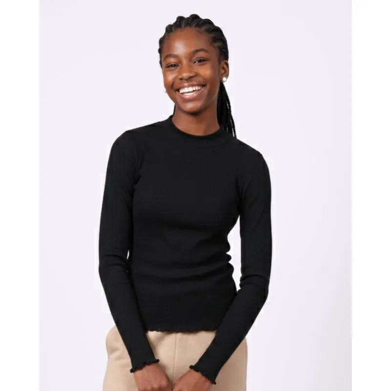 Blusa Juvenil Gola Alta Manga Longa Canelada Frufru Preta 12