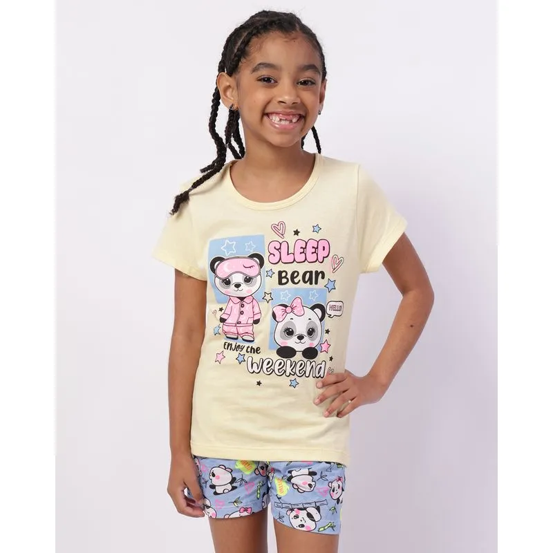 Pijama Infantil Curto Algodão Estampa Panda Amarelo 10