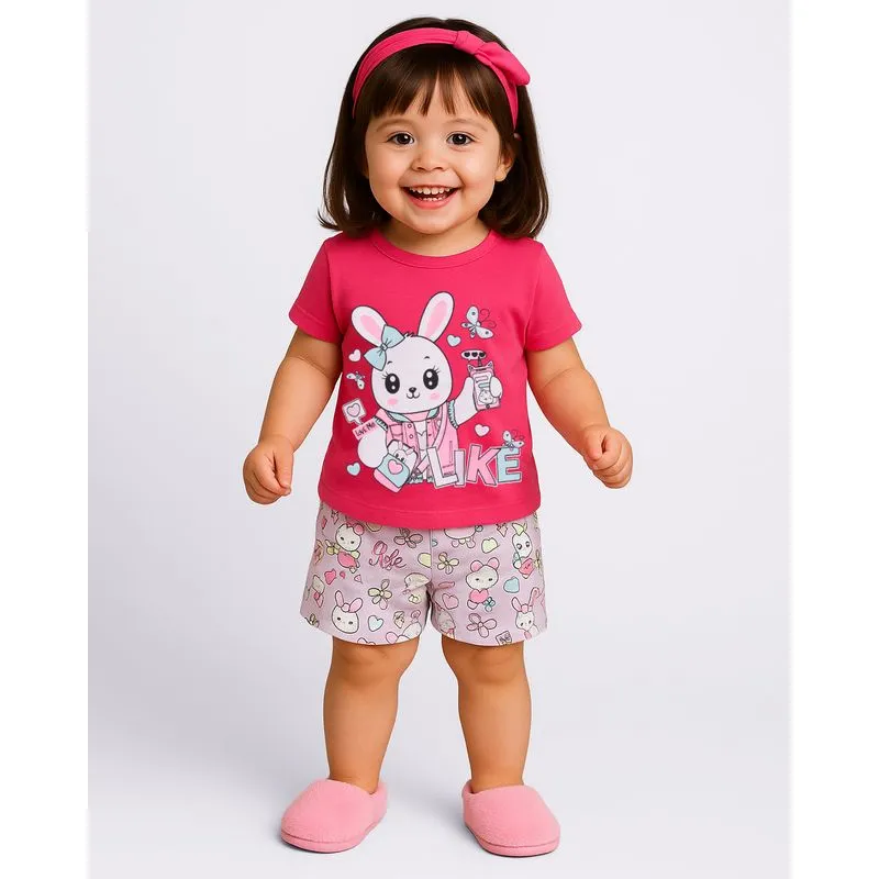 Pijama Bebê Curto Algodão Estampado Coelhinho Rosa 1
