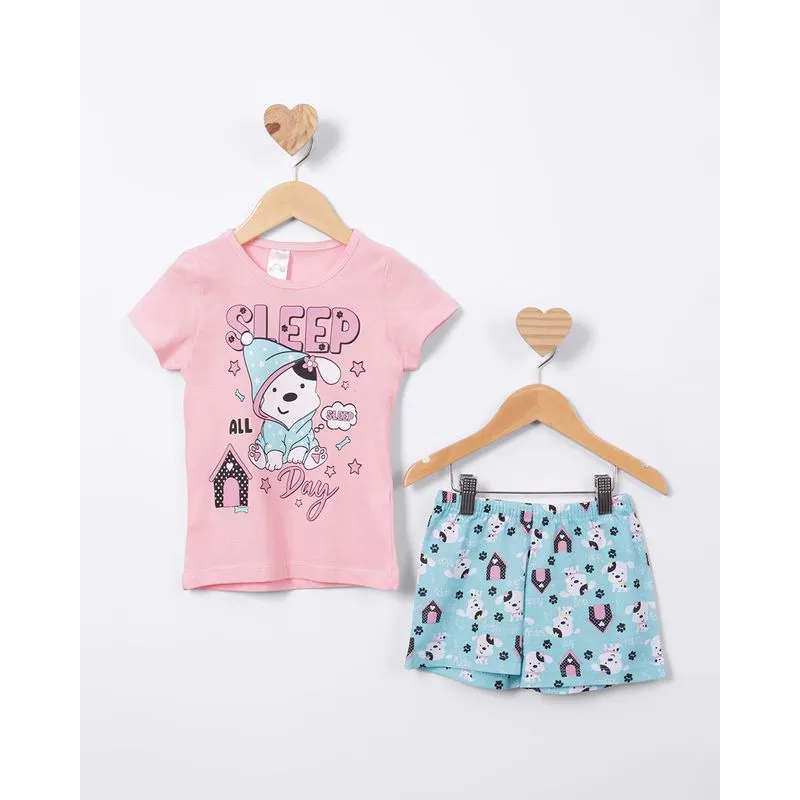 Pijama Bebê Curto com Estampa Cachorrinho Rosa 1