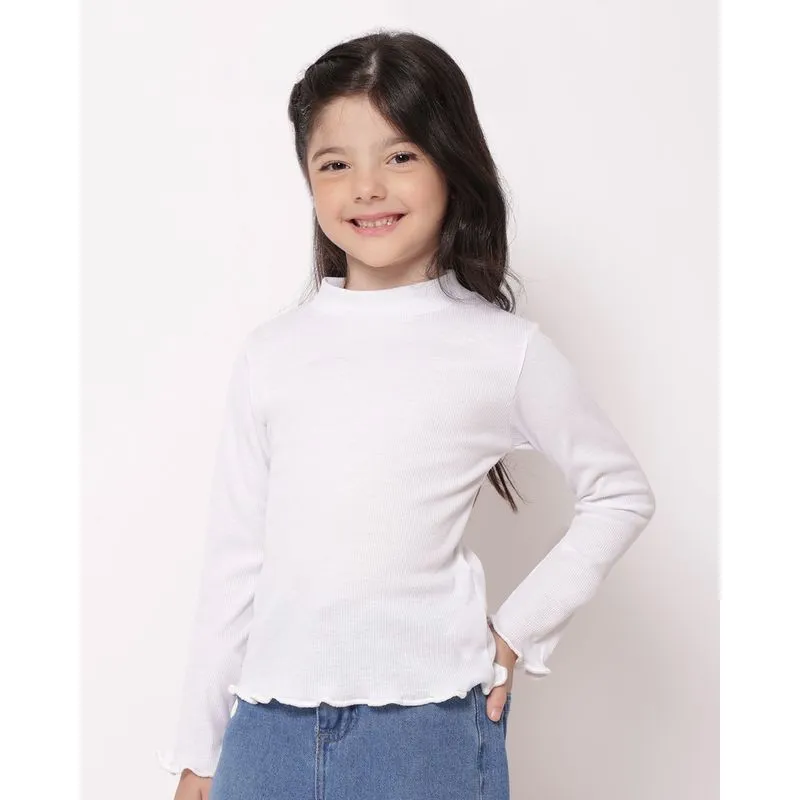 Blusa Infantil Manga Longa Gola Alta Canelada Frufru Branca 6