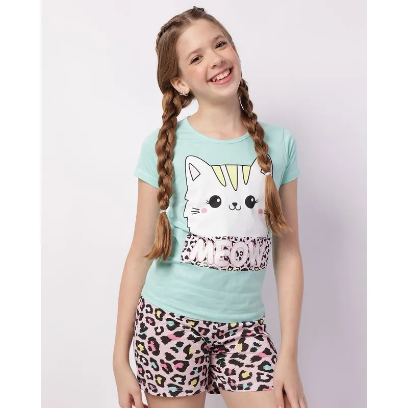 Pijama Juvenil Curto Algodão Estampa Gatinho Verde 14