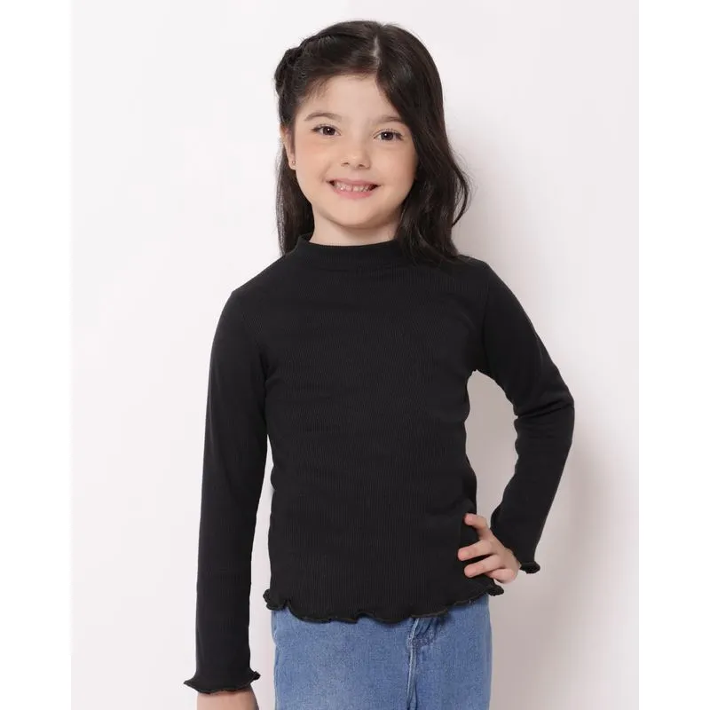 Blusa Infantil Manga Longa Gola Alta Canelada Frufru Preta 8