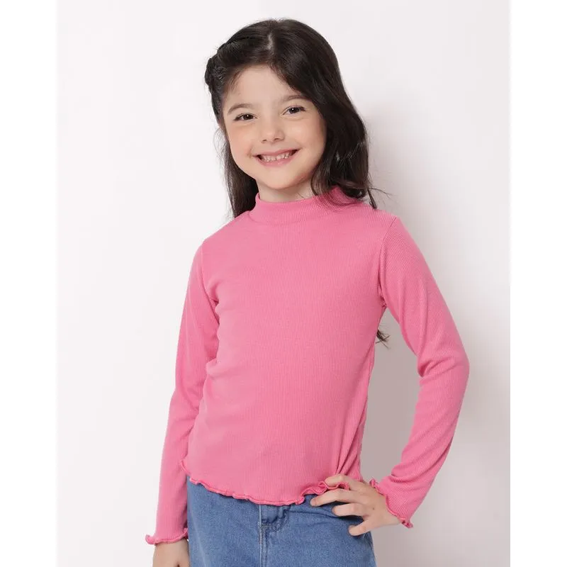 Blusa Infantil Manga Longa Canelada Frufru Rosa 8