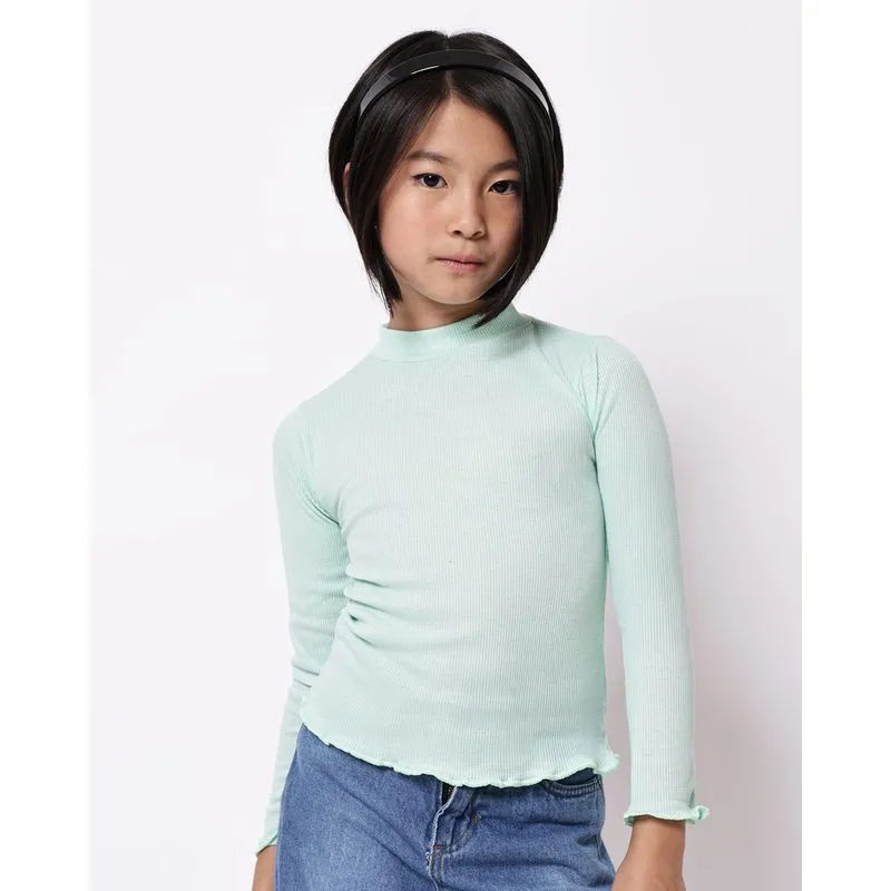 Blusa Infantil Gola Alta Com Frufru na Manga Verde 4