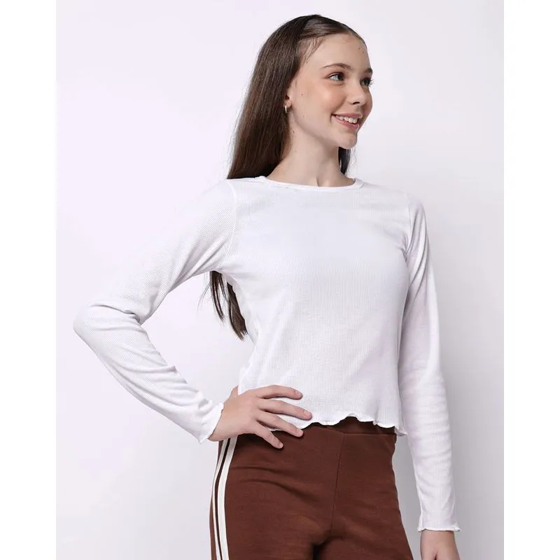 Blusa Juvenil Canelada Manga Longa Frufru na Manga Branca 14