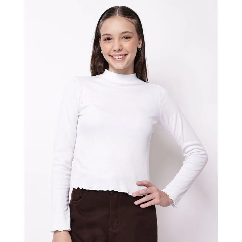 Blusa Juvenil Canelada Manga Longa Frufru Branca 10