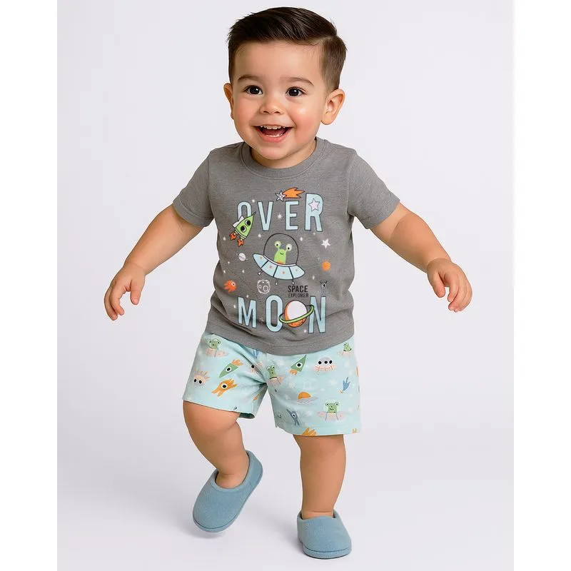 Pijama Bebê Curto Algodão Espaço Nave Cinza 1