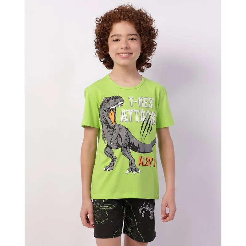 Pijama Juvenil Curto Algodão Estampa Dinossauro Verde 16