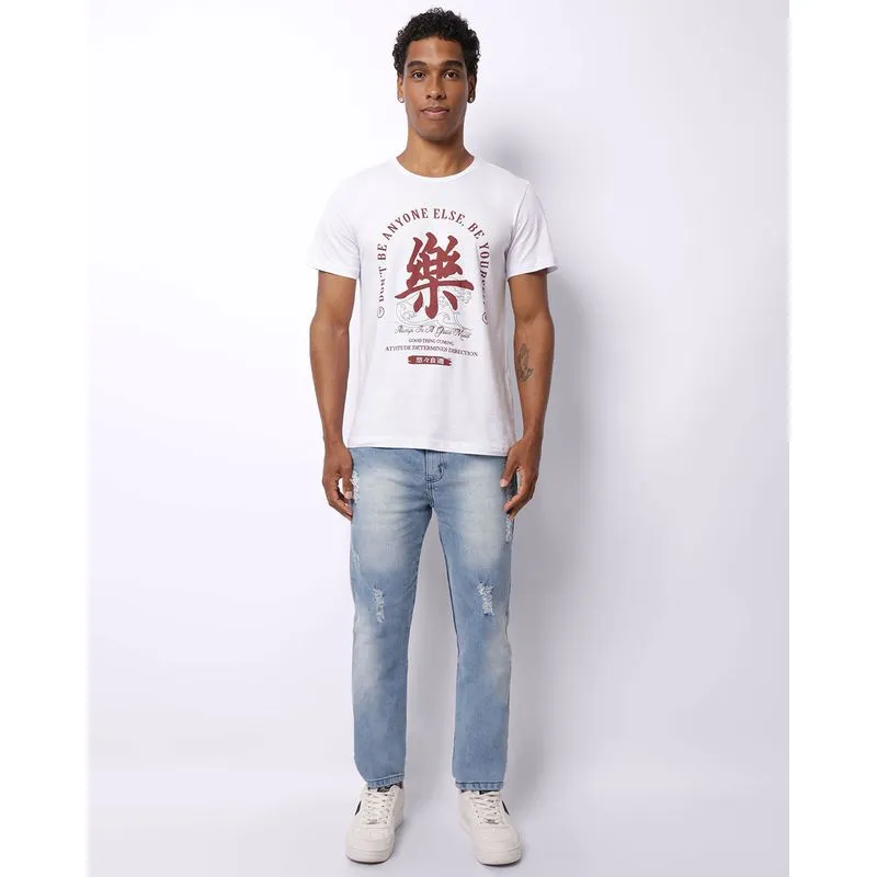 Calça Jeans Masculina Slim Destroyed com Puídos Bolsos Azul Claro 56