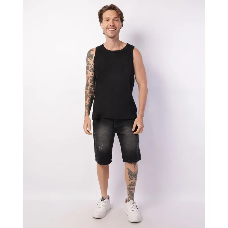 Bermuda Jeans Masculina Reta Destroyed Estonada Preta 44