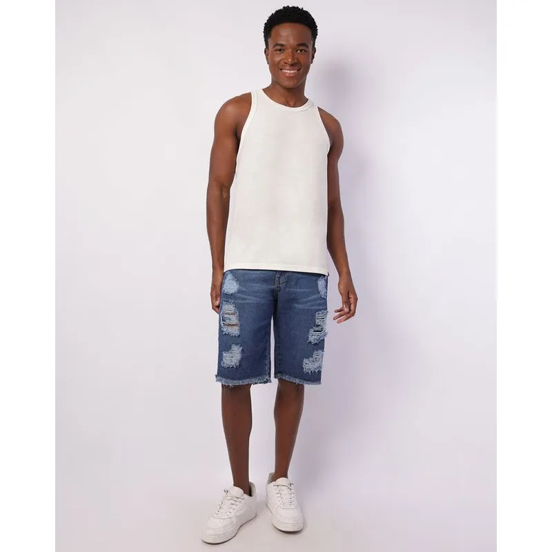 Bermuda Jeans Masculina Reta Destroyed Barra Desfiada Azul 48