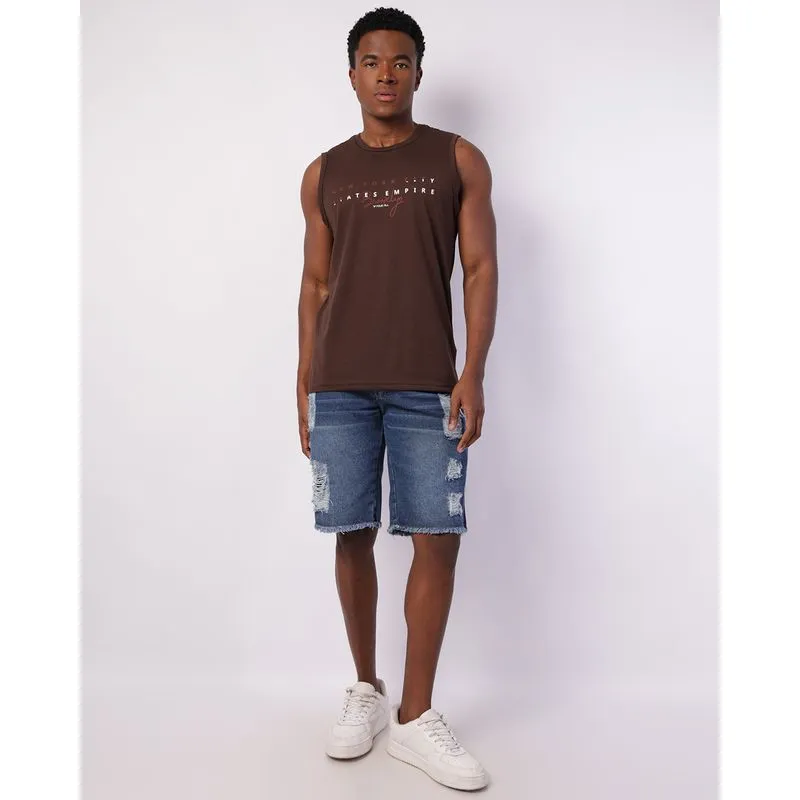 Bermuda Jeans Masculina Reta Destroyed Barra Desfiada Azul 48