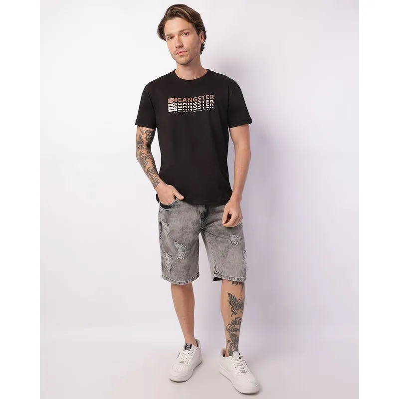 Bermuda Jeans Masculina Reta Destroyed Marmorizada Cinza 36