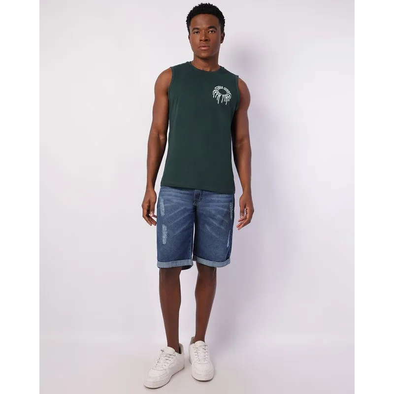 Bermuda Jeans Masculina Reta Destroyed Barra Dobrada Azul 36