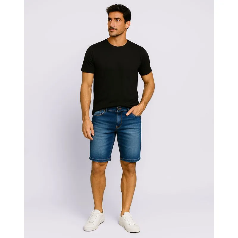 Bermuda Jeans Masculina Reta Estonada com Bolsos Azul 48