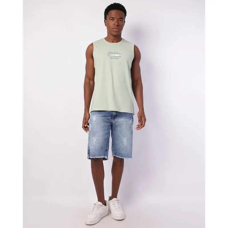 Bermuda Jeans Masculina Reta Estonada Destroyed Barra Desfiada Azul 44