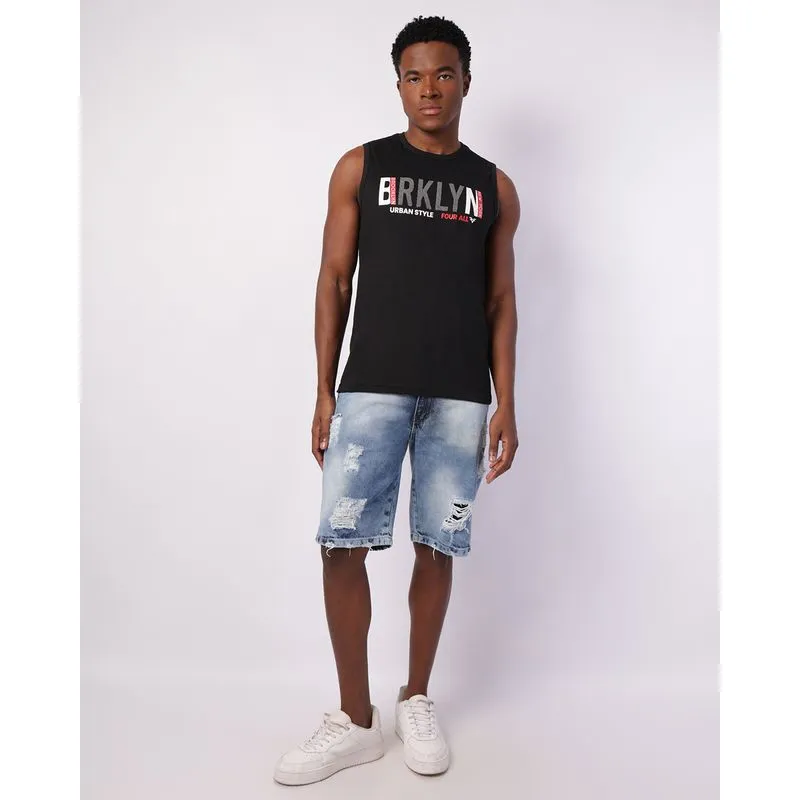 Bermuda Jeans Masculina Reta Estonada Destroyed Azul 44