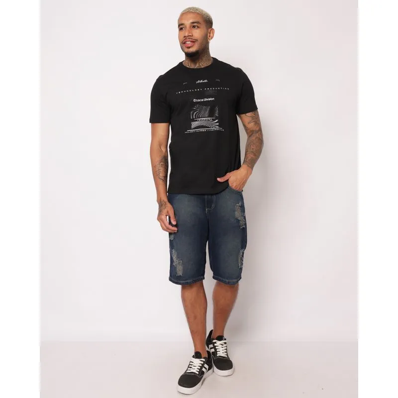 Bermuda Jeans Masculina Reta com Destroyed Azul 44