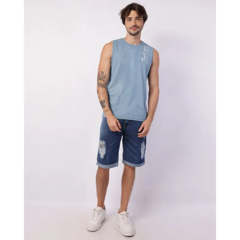 Bermuda Jeans Masculina Reta Destroyed Barra Dobrada Azul 40