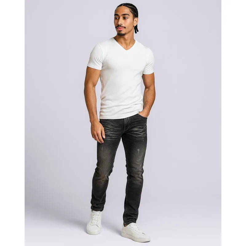 Calça Jeans Masculina Estonada com Puídos Bolsos Preta 40