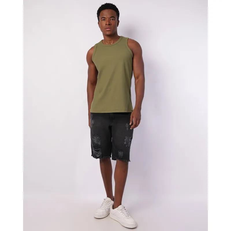 Bermuda Jeans Masculina Reta Destroyed Barra Desfiada Preta 42
