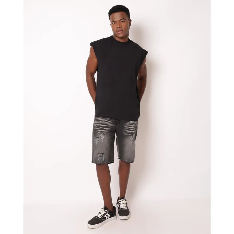 Bermuda Jeans Masculina Reta Destroyed Preta 52