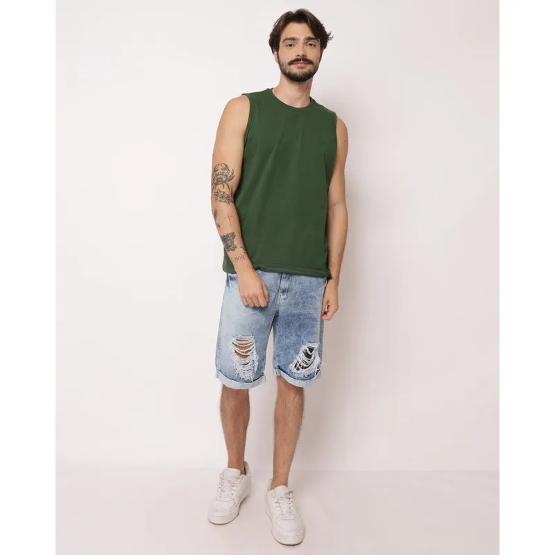 Bermuda Jeans Masculina Reta Destroyed com Barra Dobrada Azul 52