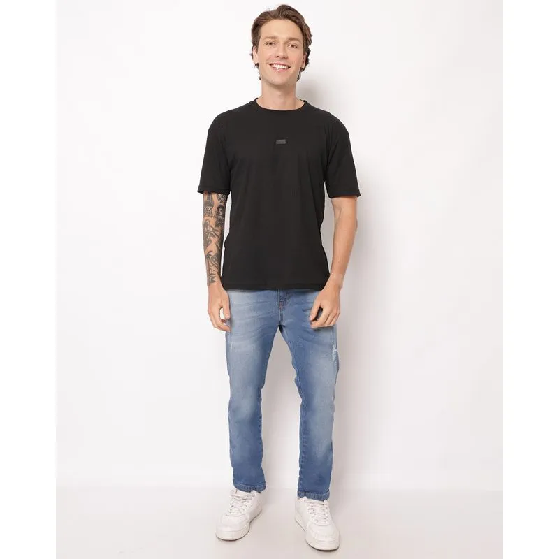Calça Jeans Masculina Reta com Puídos Azul 44