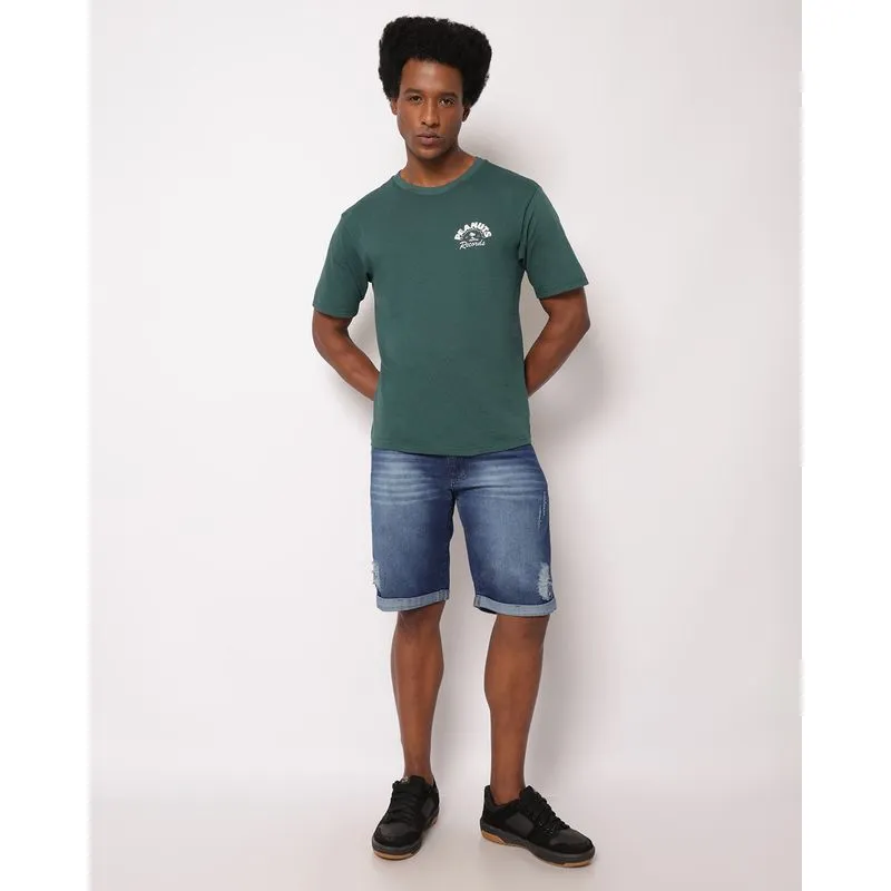 Bermuda Jeans Masculina Reta Estonada com Puídos Azul 48