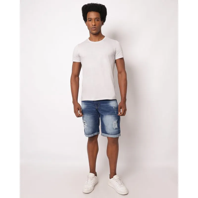 Bermuda Jeans Masculina Reta Estonada Destroyed Azul 44