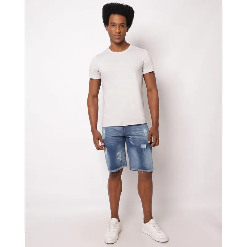 Bermuda Jeans Masculina Reta Destroyed Barra Desfiada Azul 48